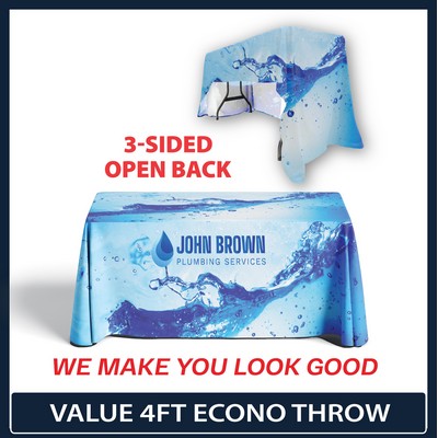 Value - 4' x 30"Top x 29"H - 3 Sided Hemmed Econo Table Throw (Full Coverage Dye Sublimation)